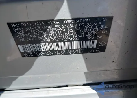 2007 Lexus Es 350 from USA, damaged, VIN JTHBJ46G172034902